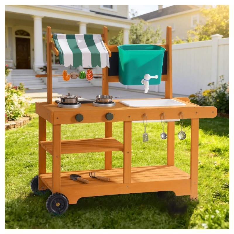 Mudaköök ratastel, õue mänguköök, sisseehitatud grill ja poolvarikatus