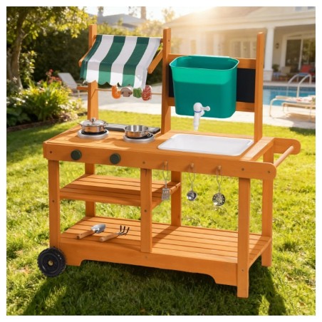 Mudaköök ratastel, õue mänguköök, sisseehitatud grill ja poolvarikatus