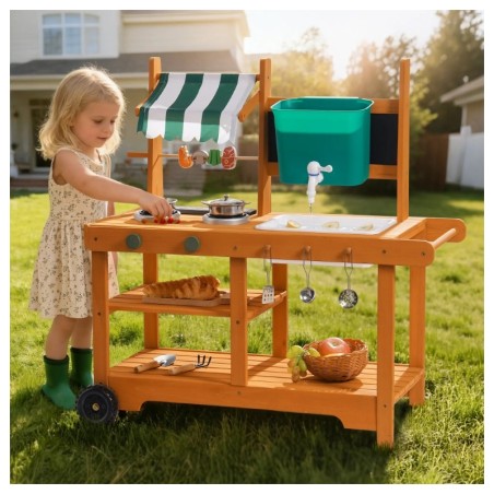 Mudaköök ratastel, õue mänguköök, sisseehitatud grill ja poolvarikatus