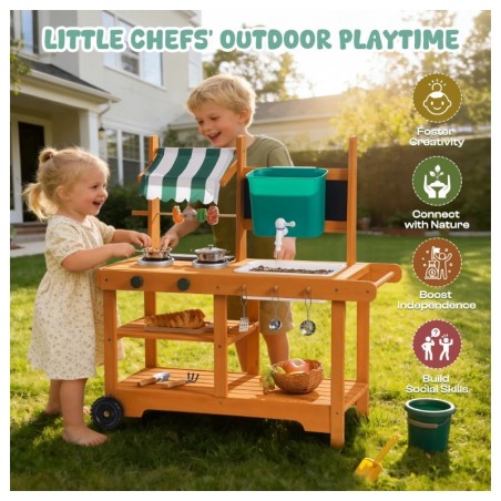 Mudaköök ratastel, õue mänguköök, sisseehitatud grill ja poolvarikatus