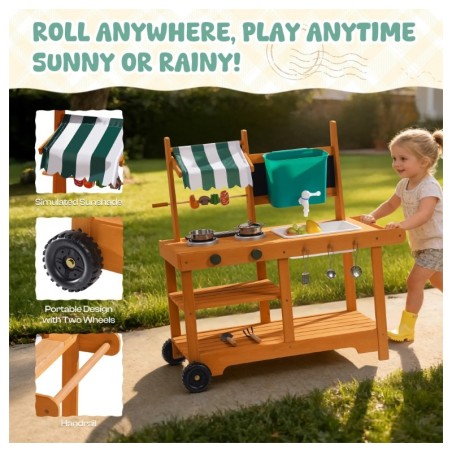 Mudaköök ratastel, õue mänguköök, sisseehitatud grill ja poolvarikatus