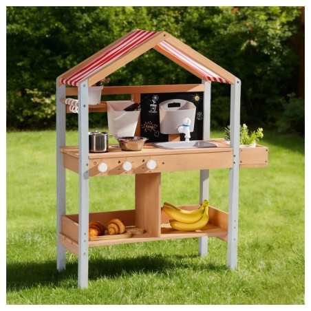 Laste mudaköök katusega, puitkonstruktsioon, mängukraanikauss ja pliit