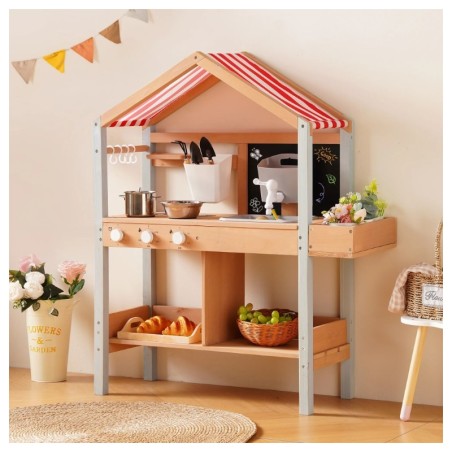 Laste mudaköök katusega, puitkonstruktsioon, mängukraanikauss ja pliit