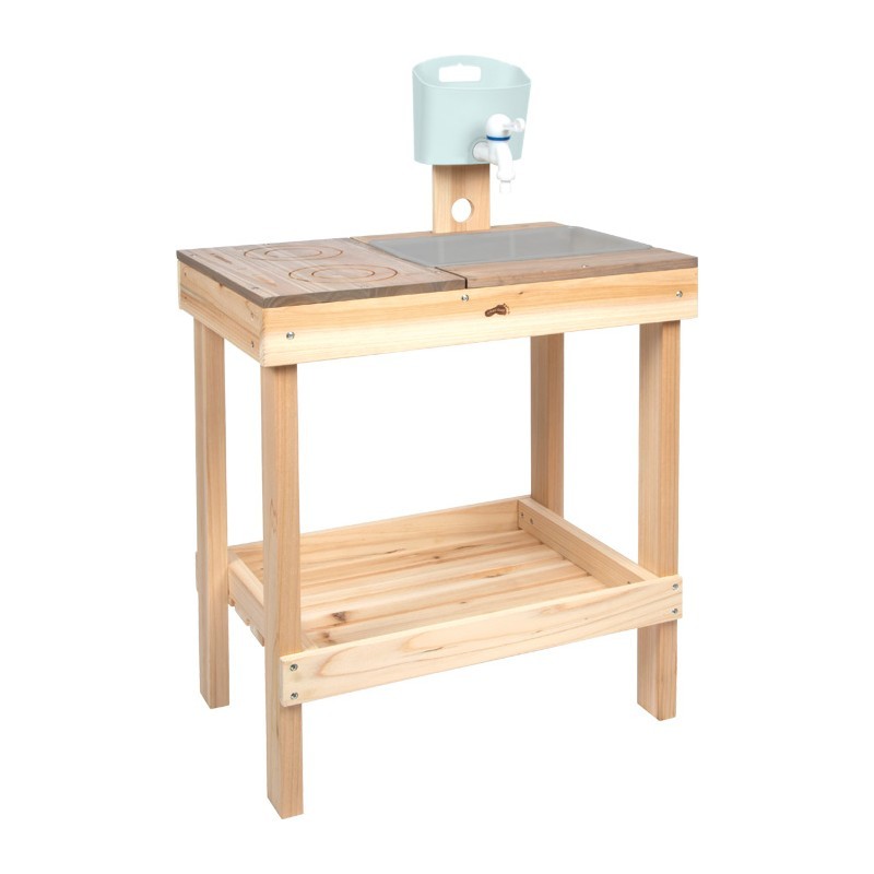 Laste puidust mudaköök ja mängulaud, täispuit, hall, 52 x 35 x 79 cm