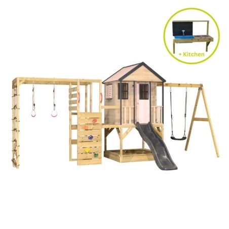 Mänguväljak M50-GK seiklus mängumaja platvormi, liumäe ja ühe kiigega + ronimismoodul ja mudaköök, pastell roosa / hall