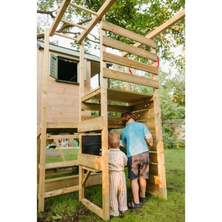 Mänguväljak M50-GK seiklus mängumaja platvormi, liumäe ja ühe kiigega + ronimismoodul ja mudaköök, pastell roosa / hall