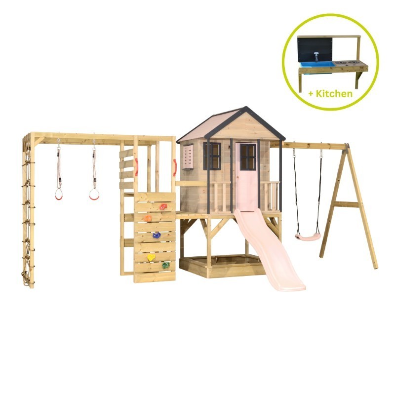 Mänguväljak M50-GK seiklus mängumaja platvormi, liumäe ja ühe kiigega + ronimismoodul ja mudaköök, pastell roosa