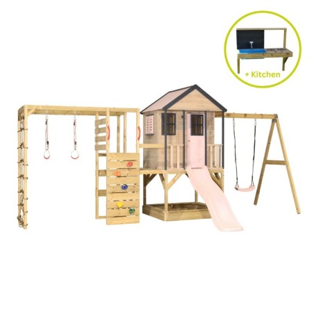Mänguväljak M50-GK seiklus mängumaja platvormi, liumäe ja ühe kiigega + ronimismoodul ja mudaköök, pastell roosa