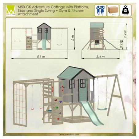 Mänguväljak M50-GK seiklus mängumaja platvormi, liumäe ja ühe kiigega + ronimismoodul ja mudaköök, pastell roosa