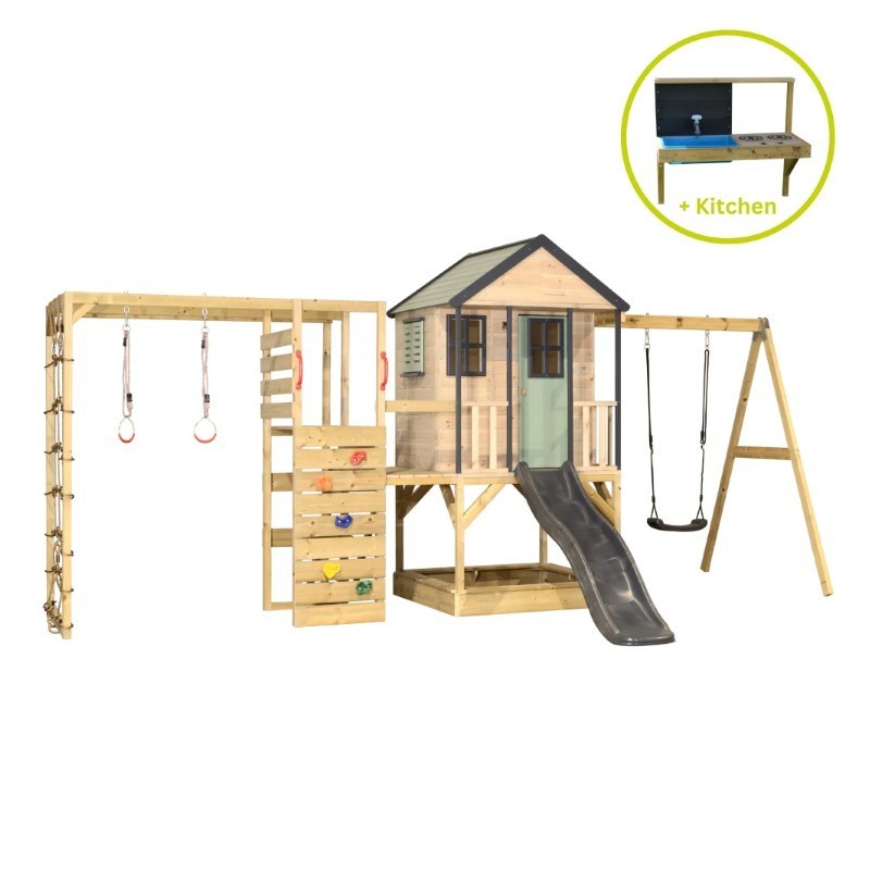 Mänguväljak M50-GK seiklus mängumaja platvormi, liumäe ja ühe kiigega + ronimismoodul ja mudaköök, pastell roheline / hall