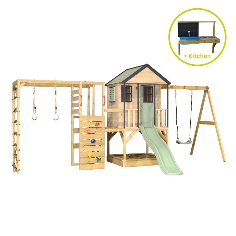 Mänguväljak M50-GK seiklus mängumaja platvormi, liumäe ja ühe kiigega + ronimismoodul ja mudaköök, pastell roheline