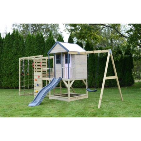 Mänguväljak M50-G seiklus mängumaja platvormi, liumäe ja ühe kiigega + ronimismoodul, pastell roosa