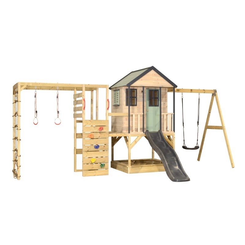 Mänguväljak M50-G seiklus mängumaja platvormi, liumäe ja ühe kiigega + ronimismoodul, pastell roheline / hall