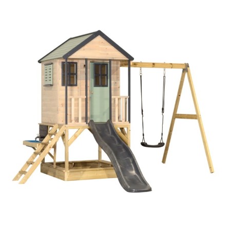 Mänguväljak M50-K seiklus mängumaja platvormi, liumäe ja ühe kiigega + mudaköök, pastell roheline / hall