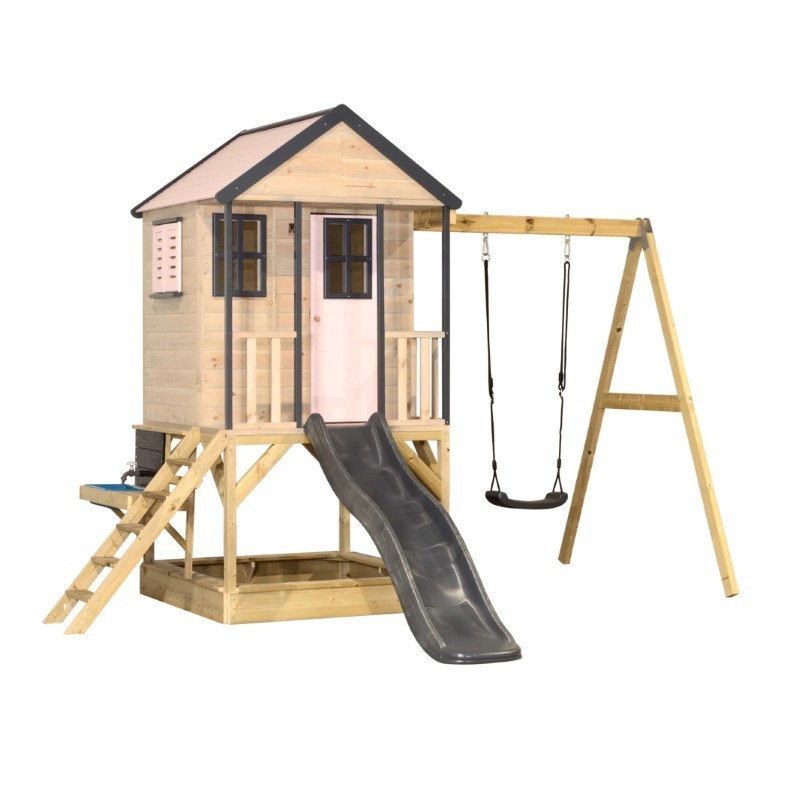 Mänguväljak M50-K seiklus mängumaja platvormi, liumäe ja ühe kiigega + mudaköök, pastell roosa / hall