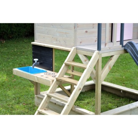 Mänguväljak M50-K seiklus mängumaja platvormi, liumäe ja ühe kiigega + mudaköök, pastell roosa / hall