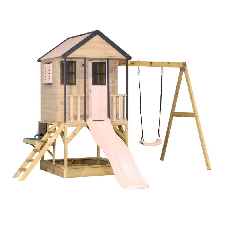 Mänguväljak M50-K seiklus mängumaja platvormi, liumäe ja ühe kiigega + mudaköök, pastell roosa