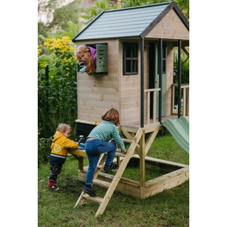 Mänguväljak M50-K seiklus mängumaja platvormi, liumäe ja ühe kiigega + mudaköök, pastell roheline