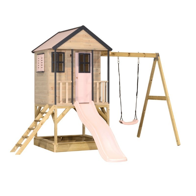 Mänguväljak M50 seiklus mängumaja platvormi, liumäe ja ühe kiigega, pastell roosa