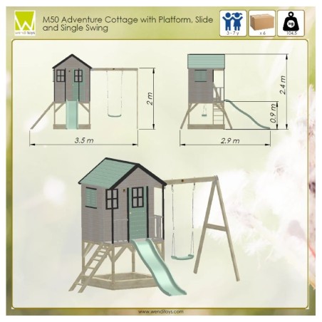 Mänguväljak M50 seiklus mängumaja platvormi, liumäe ja ühe kiigega, pastell roosa