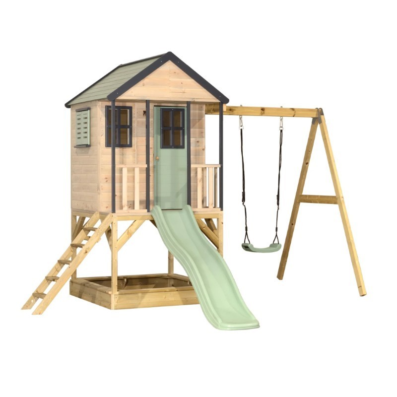 Mänguväljak M50 seiklus mängumaja platvormi, liumäe ja ühe kiigega, pastell roheline