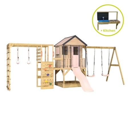 Mänguväljak M60-GK seiklus mängumaja platvormi, liumäe ja kaheinimese kiigega + ronimismooduliga ja mudaköögiga, roosa