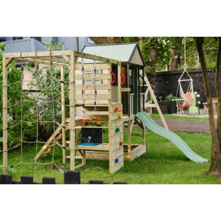 Mänguväljak M60-GK seiklus mängumaja platvormi, liumäe ja kaheinimese kiigega + ronimismooduliga ja mudaköögiga, roosa