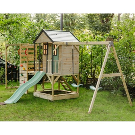 Mänguväljak M60-GK seiklus mängumaja platvormi, liumäe ja kaheinimese kiigega + ronimismooduliga ja mudaköögiga, roosa