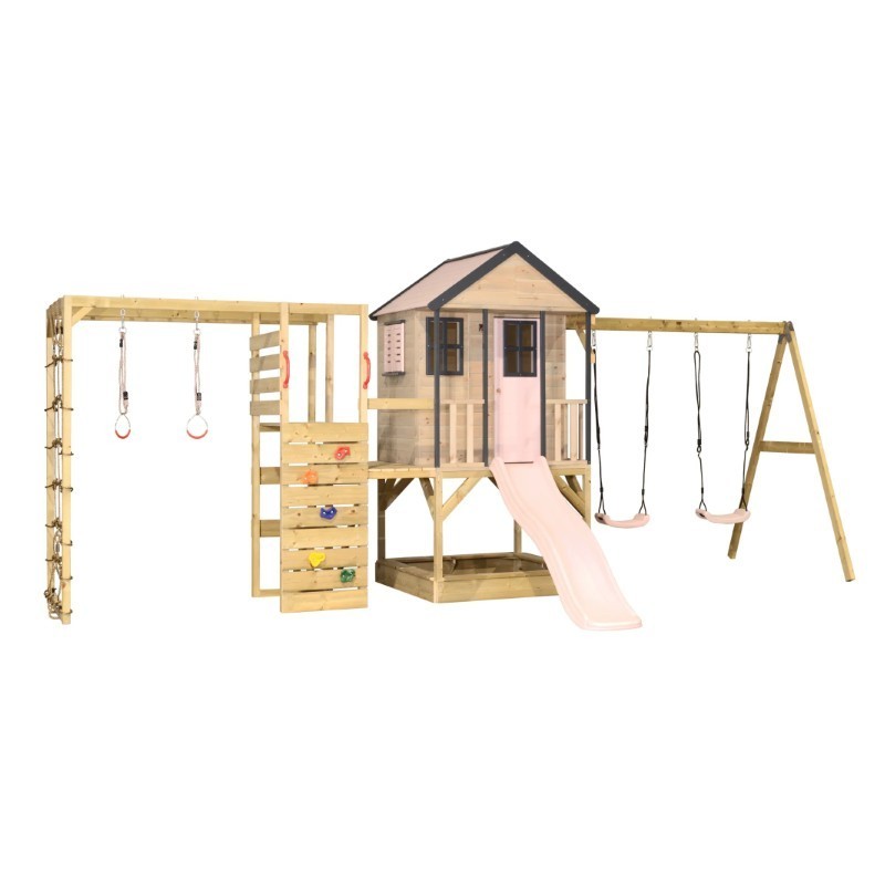 Mänguväljak M60-G seiklus mängumaja platvormi, liumäe ja kaheinimese kiigega + ronimismooduliga, pastell roosa