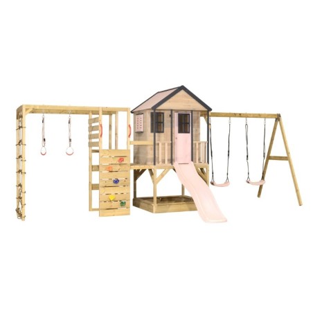 Mänguväljak M60-G seiklus mängumaja platvormi, liumäe ja kaheinimese kiigega + ronimismooduliga, pastell roosa