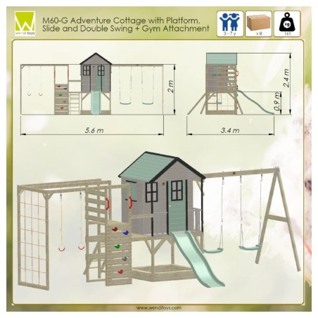 Mänguväljak M60-G seiklus mängumaja platvormi, liumäe ja kaheinimese kiigega + ronimismooduliga, pastell roheline