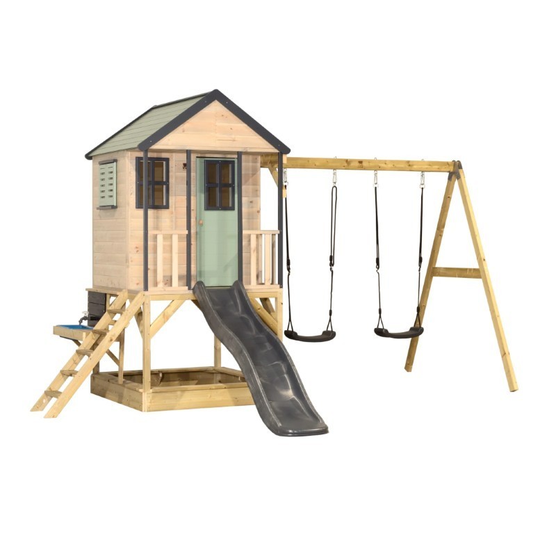 Mänguväljak M60 seiklus mängumaja platvormi, liumäe ja kaheinimese kiigega + mudaköök, pastell roheline