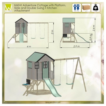 Mänguväljak M60 seiklus mängumaja platvormi, liumäe ja kaheinimese kiigega + mudaköök, pastell roheline