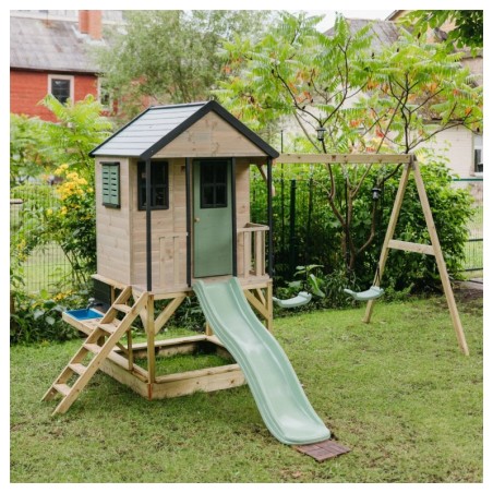 Mänguväljak M60 seiklus mängumaja platvormi, liumäe ja kaheinimese kiigega + mudaköök, pastell roosa / hall