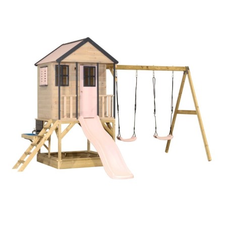 Mänguväljak M60 seiklus mängumaja platvormi, liumäe ja kaheinimese kiigega + mudaköök, pastell roosa