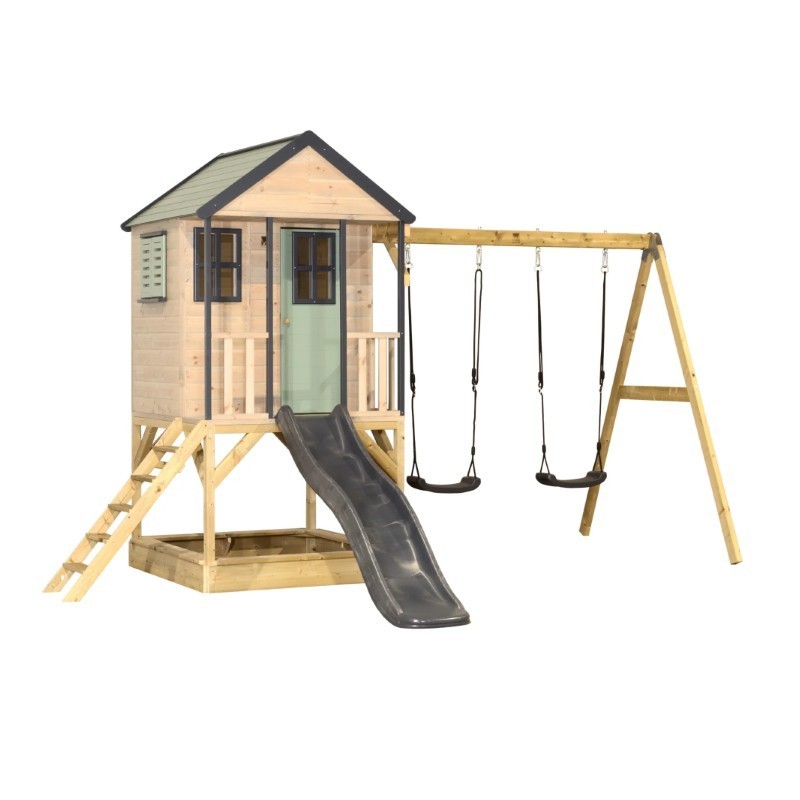 Mänguväljak M60 seiklus mängumaja platvormi, liumäe ja kaheinimese kiigega, pastell roheline / hall