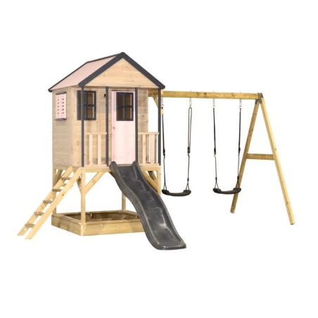 Mänguväljak M60 seiklus mängumaja platvormi, liumäe ja kaheinimese kiigega, pastell roosa / hall