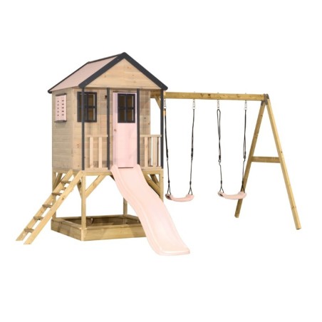 Mänguväljak M60 seiklus mängumaja platvormi, liumäe ja kaheinimese kiigega, pastell roosa