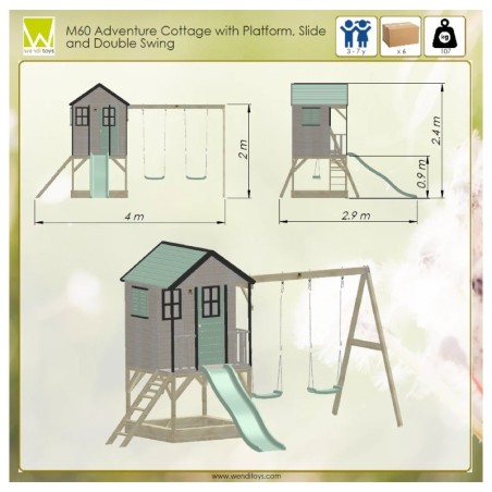 Mänguväljak M60 seiklus mängumaja platvormi, liumäe ja kaheinimese kiigega, pastell roosa