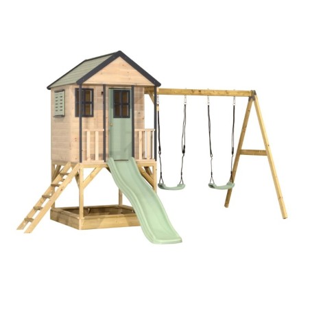 Mänguväljak M60 seiklus mängumaja platvormi, liumäe ja kaheinimese kiigega, pastell roheline