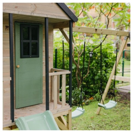 Mänguväljak M60 seiklus mängumaja platvormi, liumäe ja kaheinimese kiigega, pastell roheline