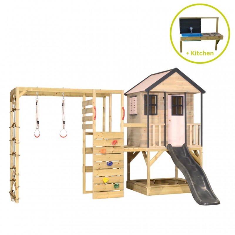 Mänguväljak M48-GK seiklus mängumaja platvormi, liumäega ja ronimismooduliga + väliköök- pastell roosa / hall