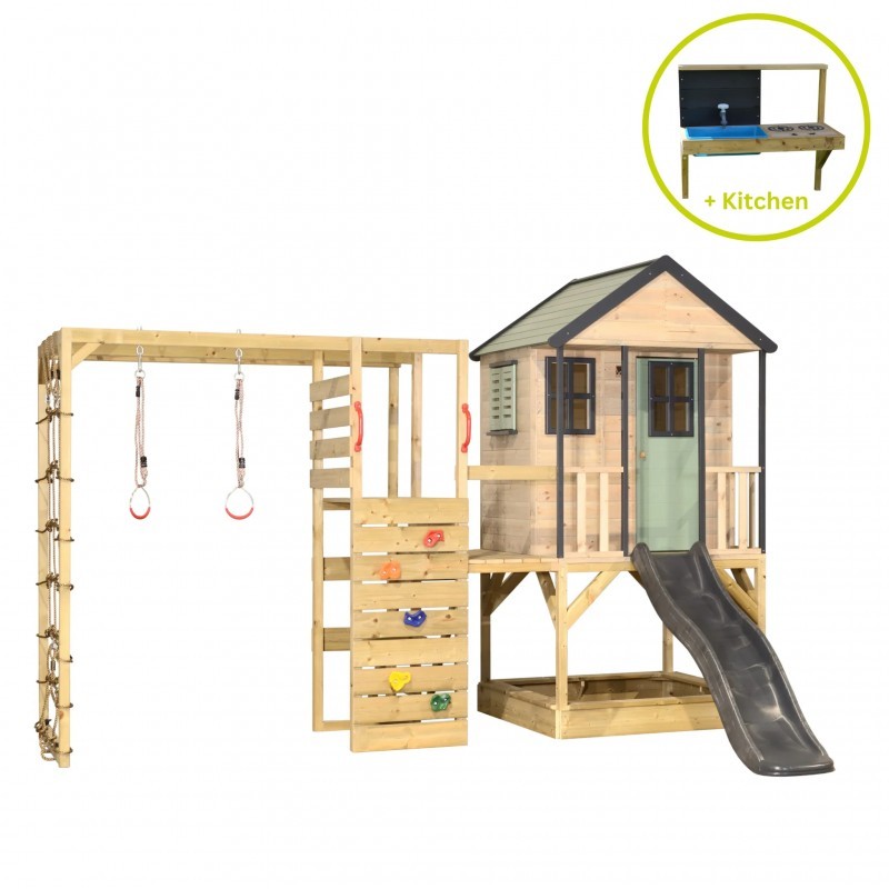 Mänguväljak M48-GK seiklus mängumaja platvormi, liumäega ja ronimismooduliga + väliköök- pastell roheline / hall