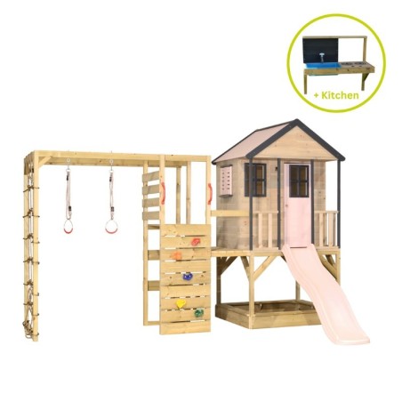 Mänguväljak M48-GK seiklus mängumaja platvormi, liumäega ja ronimismooduliga + väliköök- pastell roosa