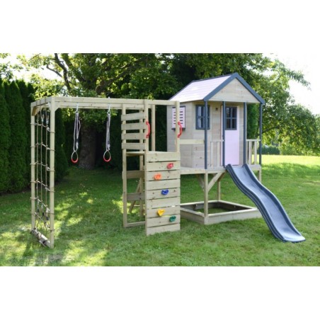 Mänguväljak M48-GK seiklus mängumaja platvormi, liumäega ja ronimismooduliga + väliköök- pastell roosa