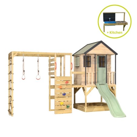 Mänguväljak M48-GK seiklus mängumaja platvormi, liumäega ja ronimismooduliga + väliköök- pastell roheline