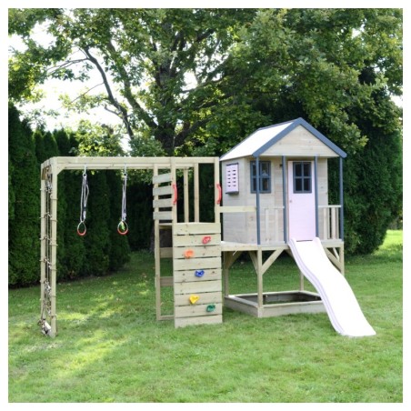 Mänguväljak M48-G seiklus mängumaja platvormi, liumäega ja ronimismooduliga- pastell roosa / hall