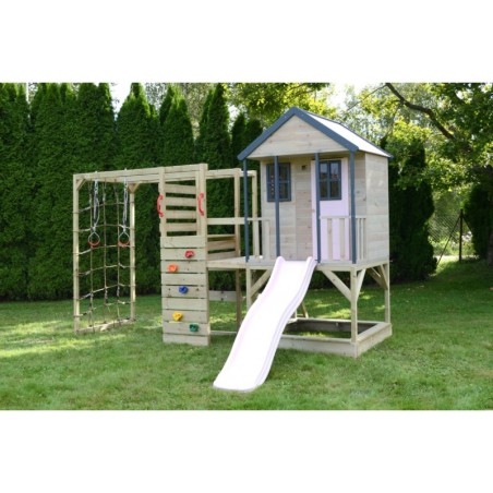 Mänguväljak M48-G seiklus mängumaja platvormi, liumäega ja ronimismooduliga- pastell roosa / hall