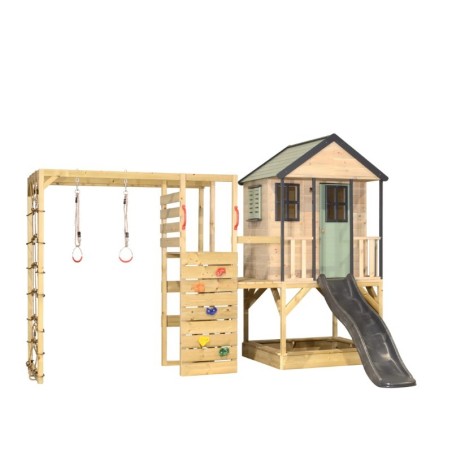 Mänguväljak M48-G seiklus mängumaja platvormi, liumäega ja ronimismooduliga- pastell roheline / hall