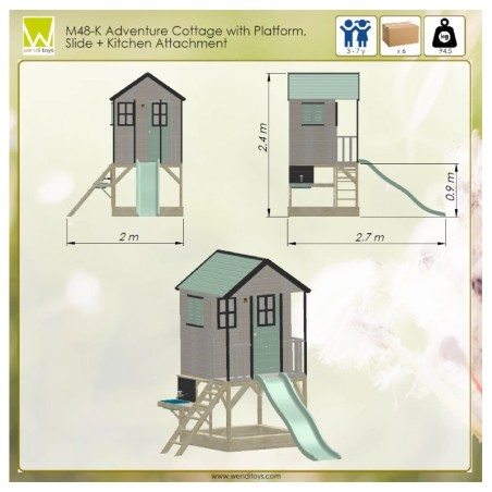 Mänguväljak M48 seiklus mängumaja platvormi ja liumäega + väliköök- pastell roheline /hall